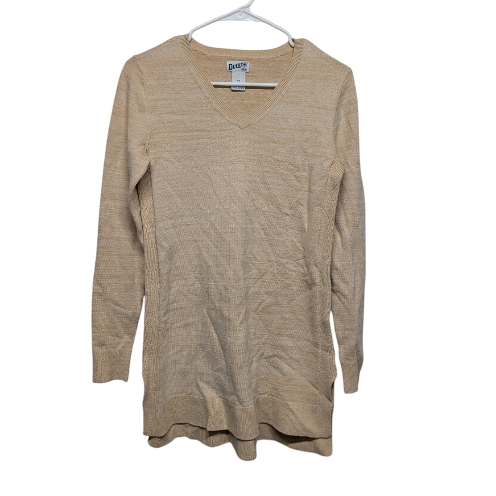 DULUTH Trading Co V Neck Tunic Tan Long Sleeve Sweater Top (Women's XS)